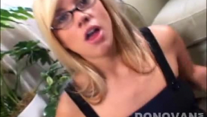 Nerdy blonde with big tits blows her huge dick POV style and gets hammered until she cums.