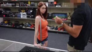 Dirty brunette is having sex with a stranger in a local shop, with a snazzy guy